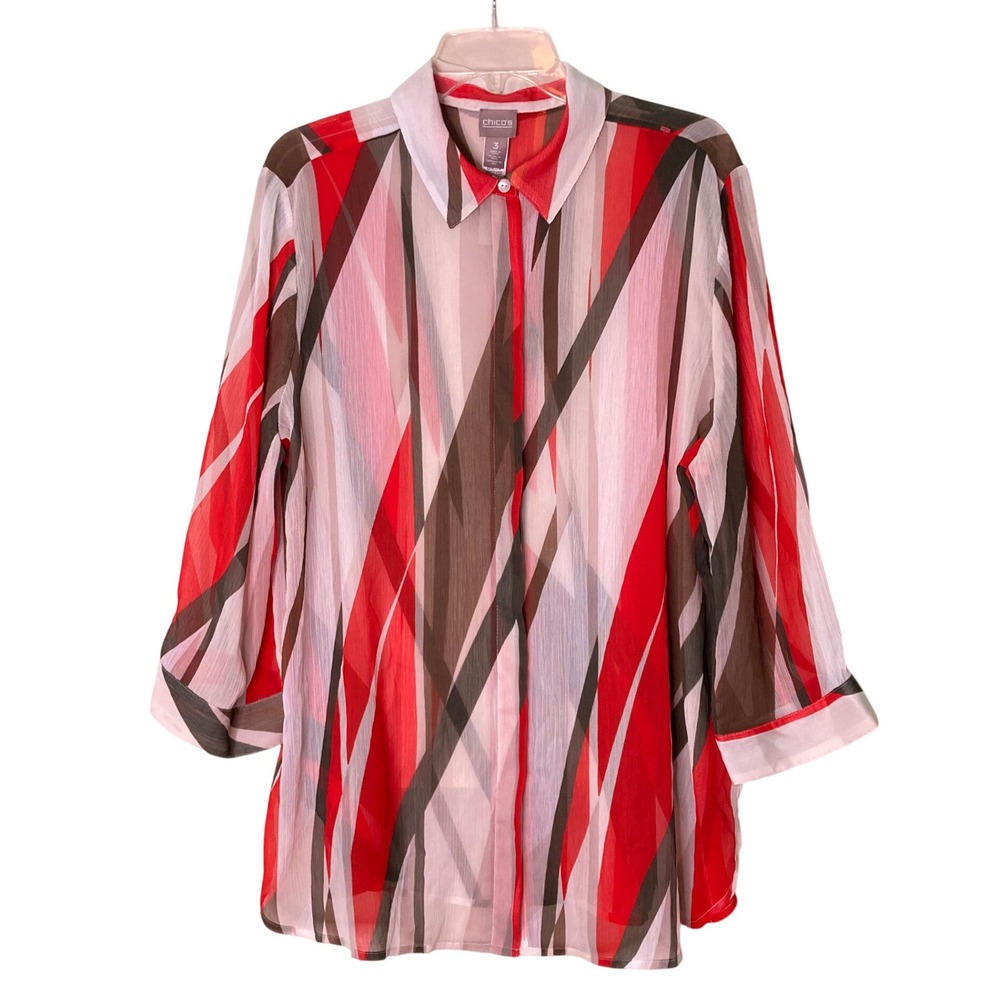 Chico's Red/Brown/White Abstract Print Blouse Chiffon Button Down‎ (Size XL)